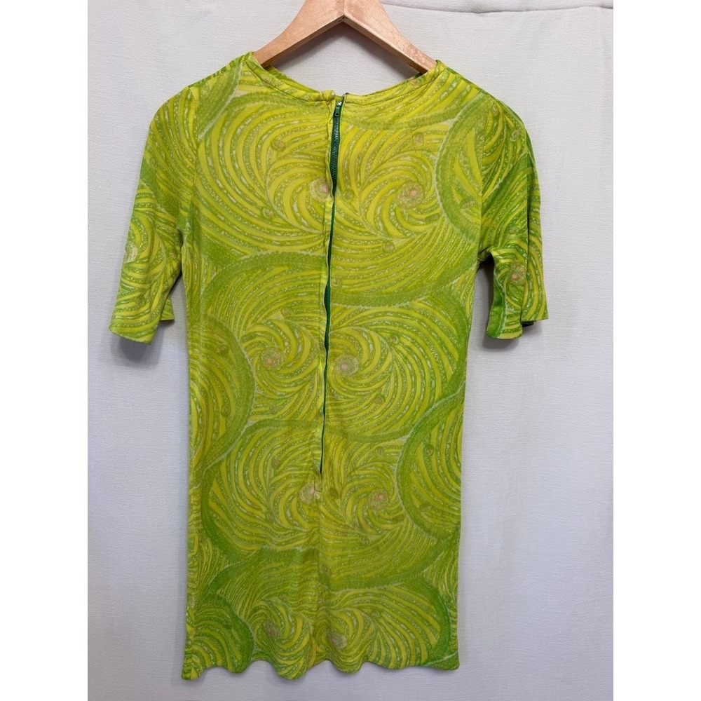 Vintage 60s 70s Neon Green Psychedelic Swirl Mod Go-Go Mini Dress Small